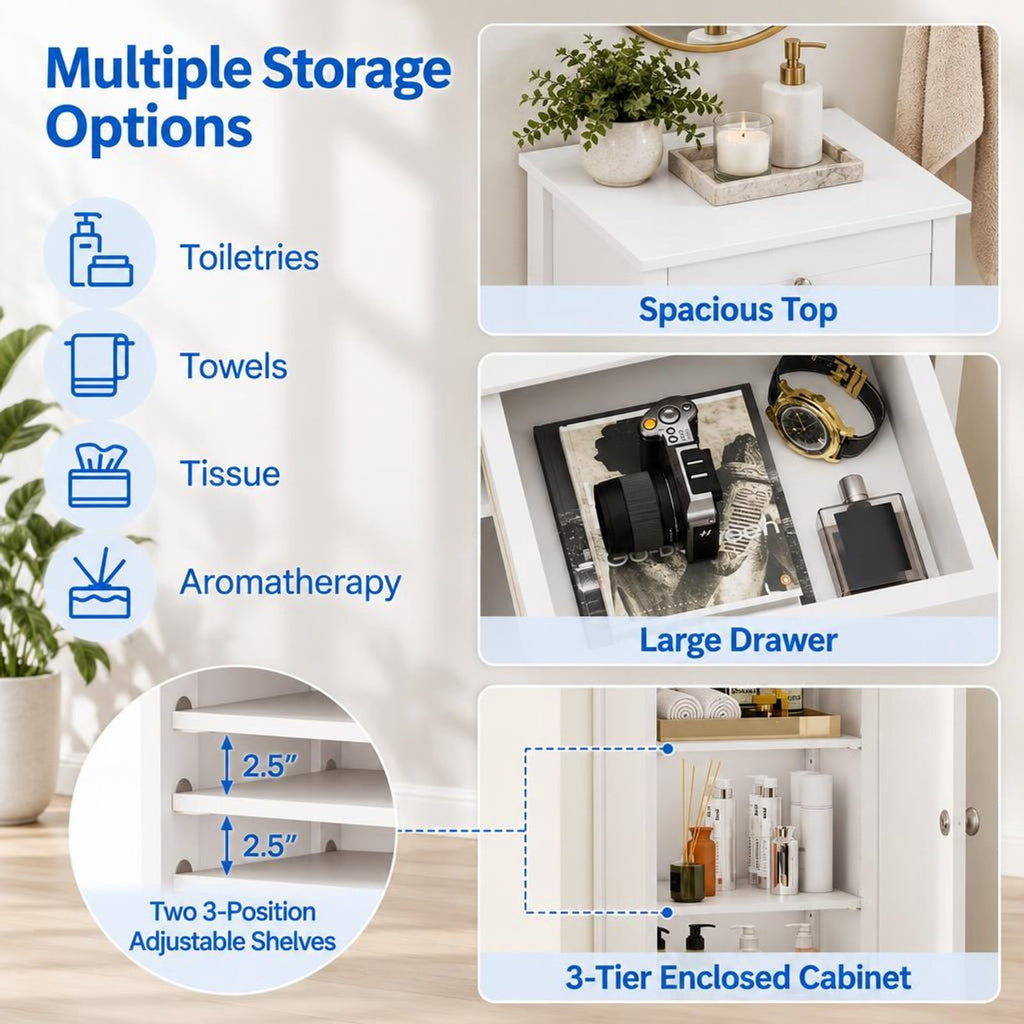 Airfind Wooden Storage Free-Standing Floor Cabinet with Drawer and Shelf, 132 lbs Capacity, MDF Frame, 14in x 12in x 34.5in Footprint, White