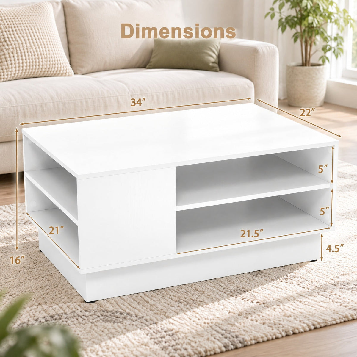 Airfind Modern Coffee Table with 2-Tier Open Storage Shelves, 132 lbs Capacity, Engineered Wood Frame, 34 x 22 x 16 Footprint, White