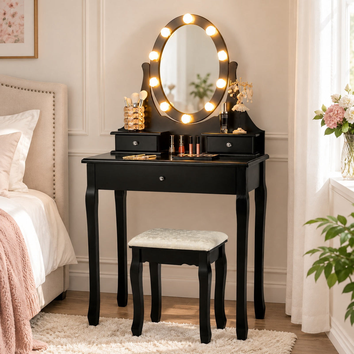 Airfind 3 Drawers Lighted Mirror Vanity Dressing Table Stool Set, Pine PE plastic MDF Frame, 30 Inch x 16 Inch x 55 Inch (L x W x H) The Footprint, Black