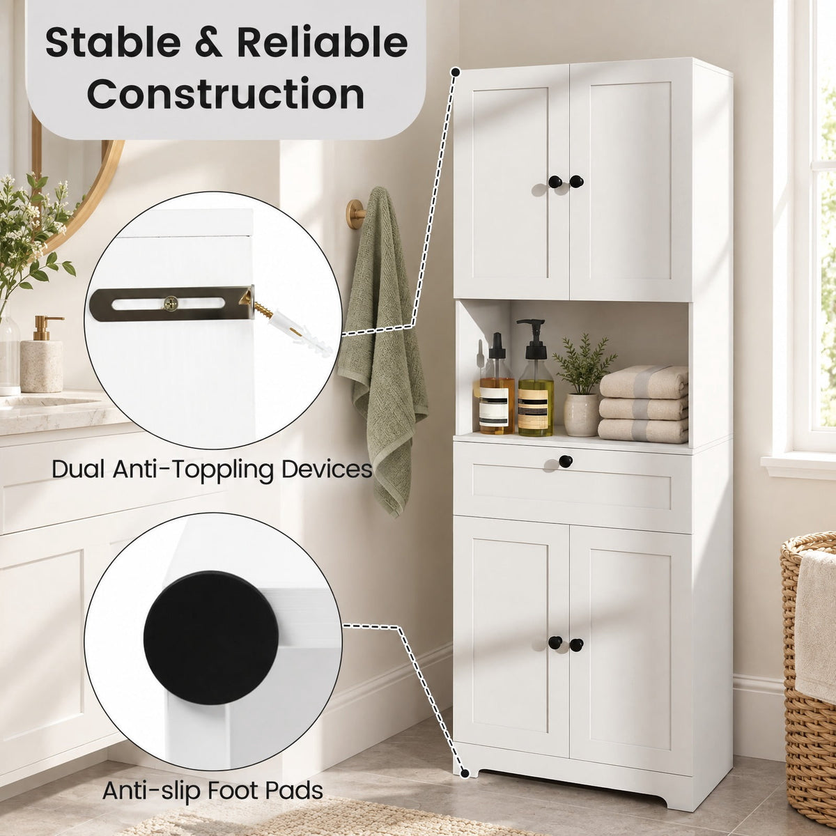 Airfind 67.5 Inch Tall Modern Freestanding Floor Storage Cabinet with 4 Doors and 1 Drawer, 243 lbs Capacity, MDF Engineered Wood Frame, White