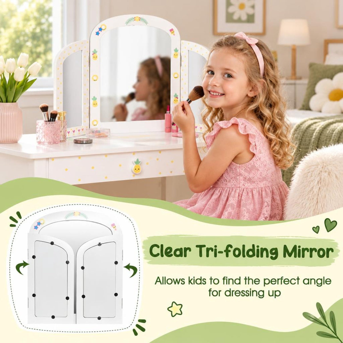 Airfind Youth Vanity Table and Stool Set with Tri-Folding Mirror, Large Storage Drawer and Anti-Tip Design for Bedroom, White