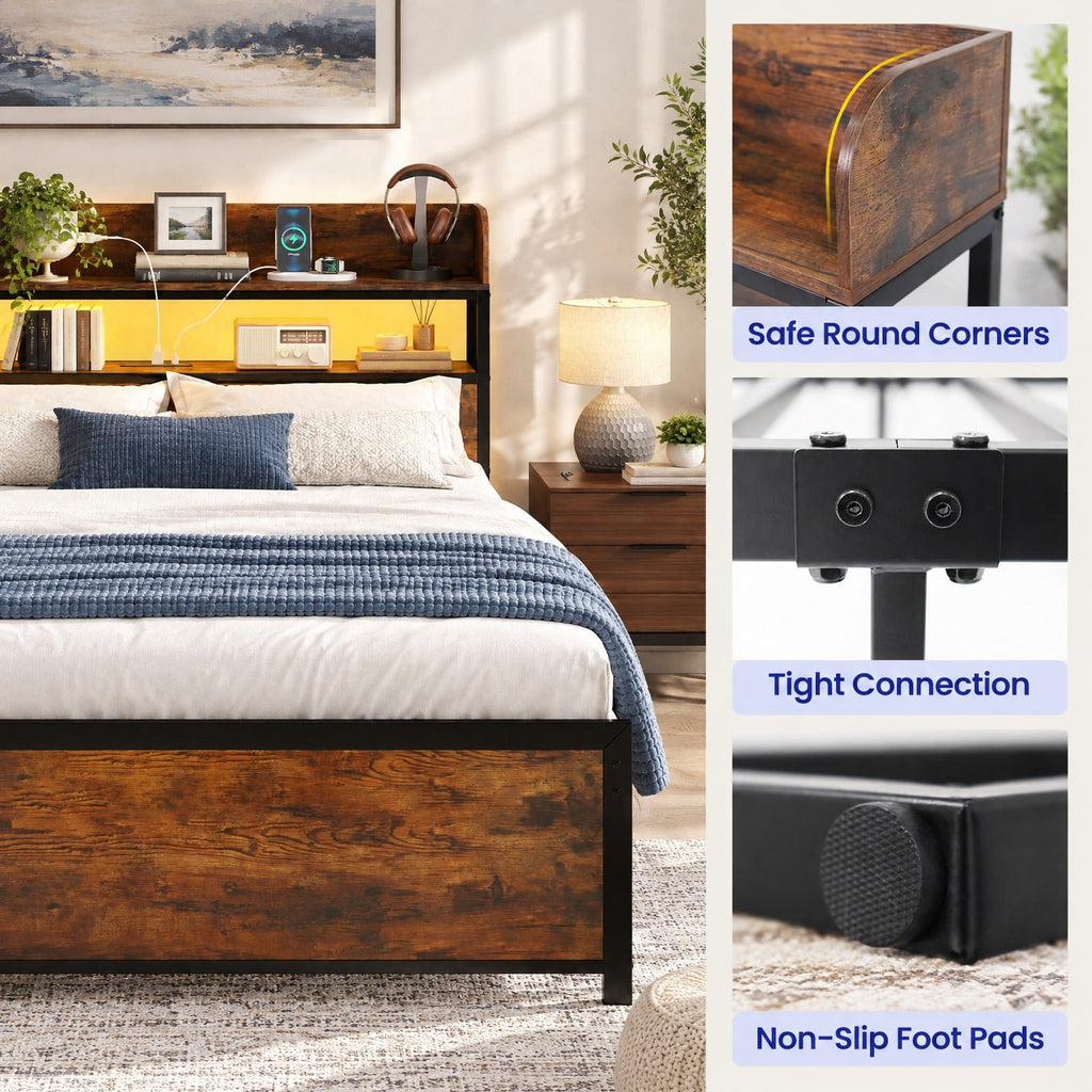 Airfind LED Bed Frame with Power Outlets and Storage Headboard, 1000 lbs Capacity, Engineered Wood Metal MDF Frame