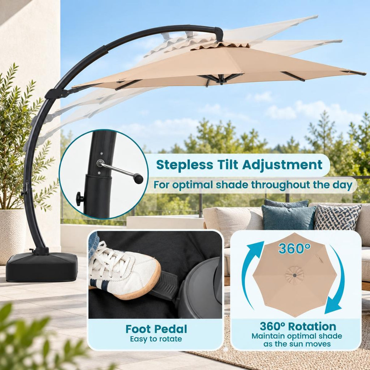 Airfind 11 FT Cantilever Patio Umbrella with Base with 360° Rotation and Tilt Adjustment, Polyester Fabric Aluminum Metal Frame, Brown