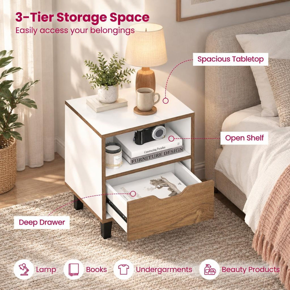 Airfind Nightstand with Drawer and Open Storage Shelf for Bedroom, 110 lbs Capacity, Engineered Wood MDF Metal Frame, 14.5in x 13in x 17.5in Footprint