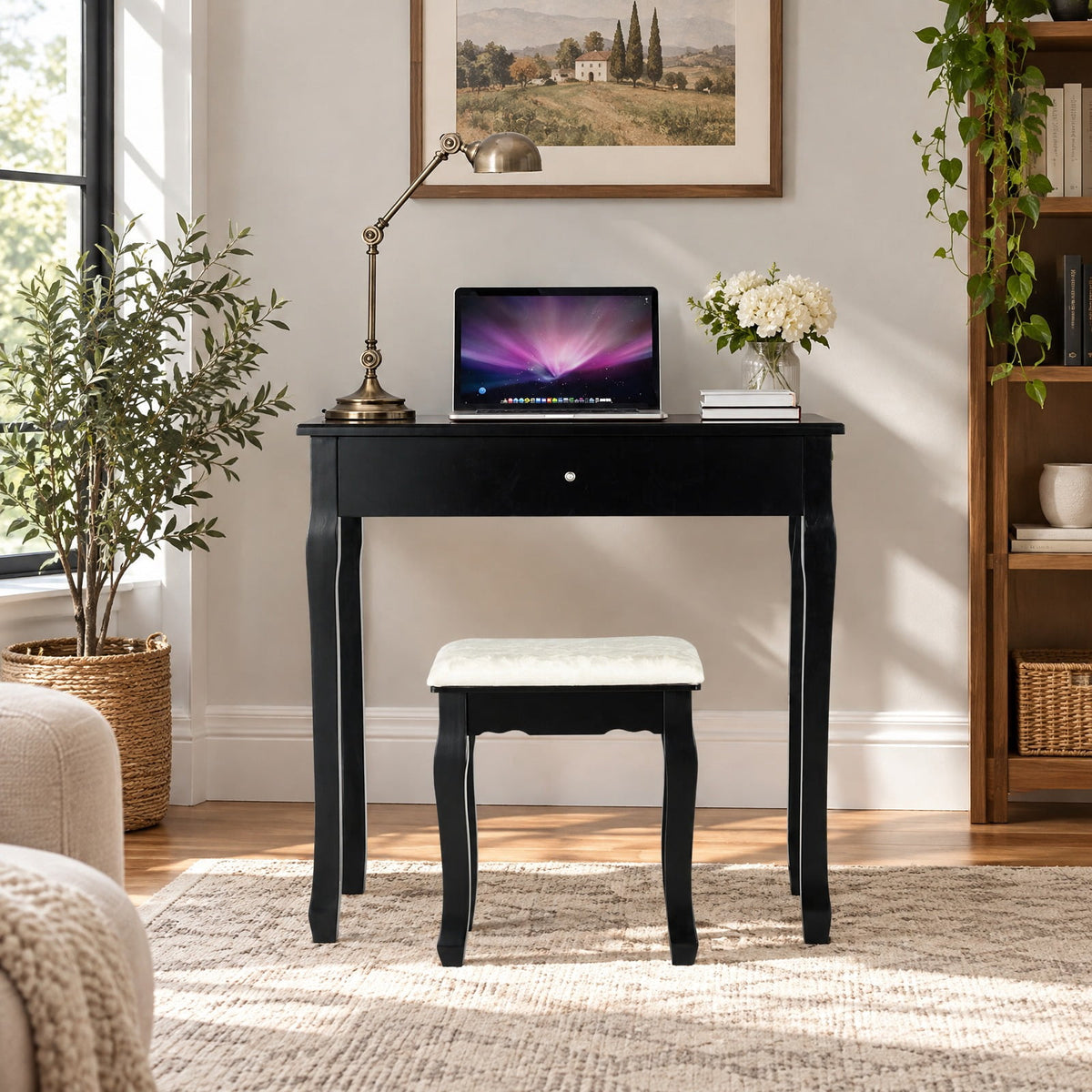 Airfind 3 Drawers Lighted Mirror Vanity Dressing Table Stool Set, Pine PE plastic MDF Frame, 30 Inch x 16 Inch x 55 Inch (L x W x H) The Footprint, Black