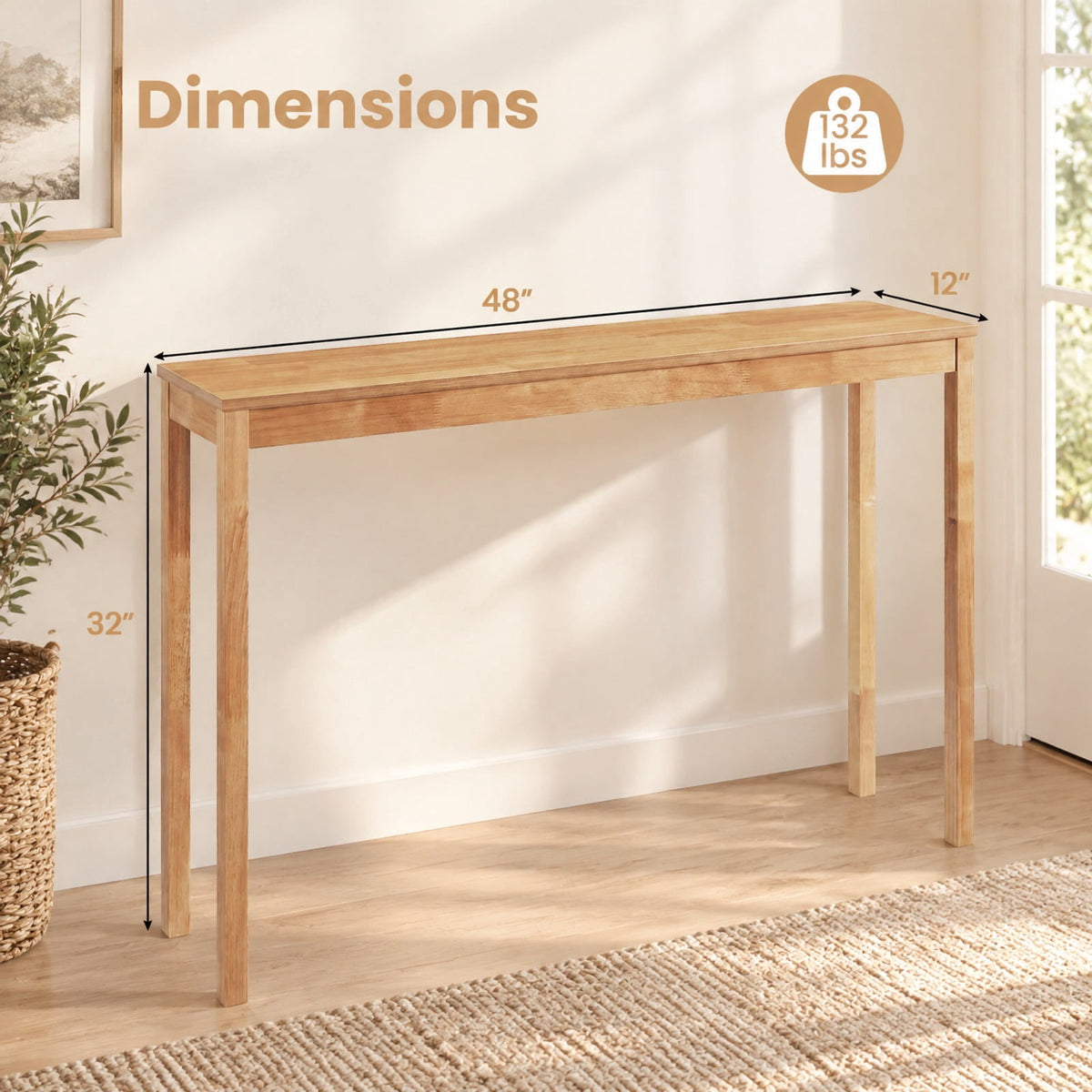 Airfind Wooden Console Table Modern Farmhouse Sofa Table with Thickened Top, 132 lbs Capacity, Rubber Wood MDF Frame, 48 x 12 x 32 Footprint