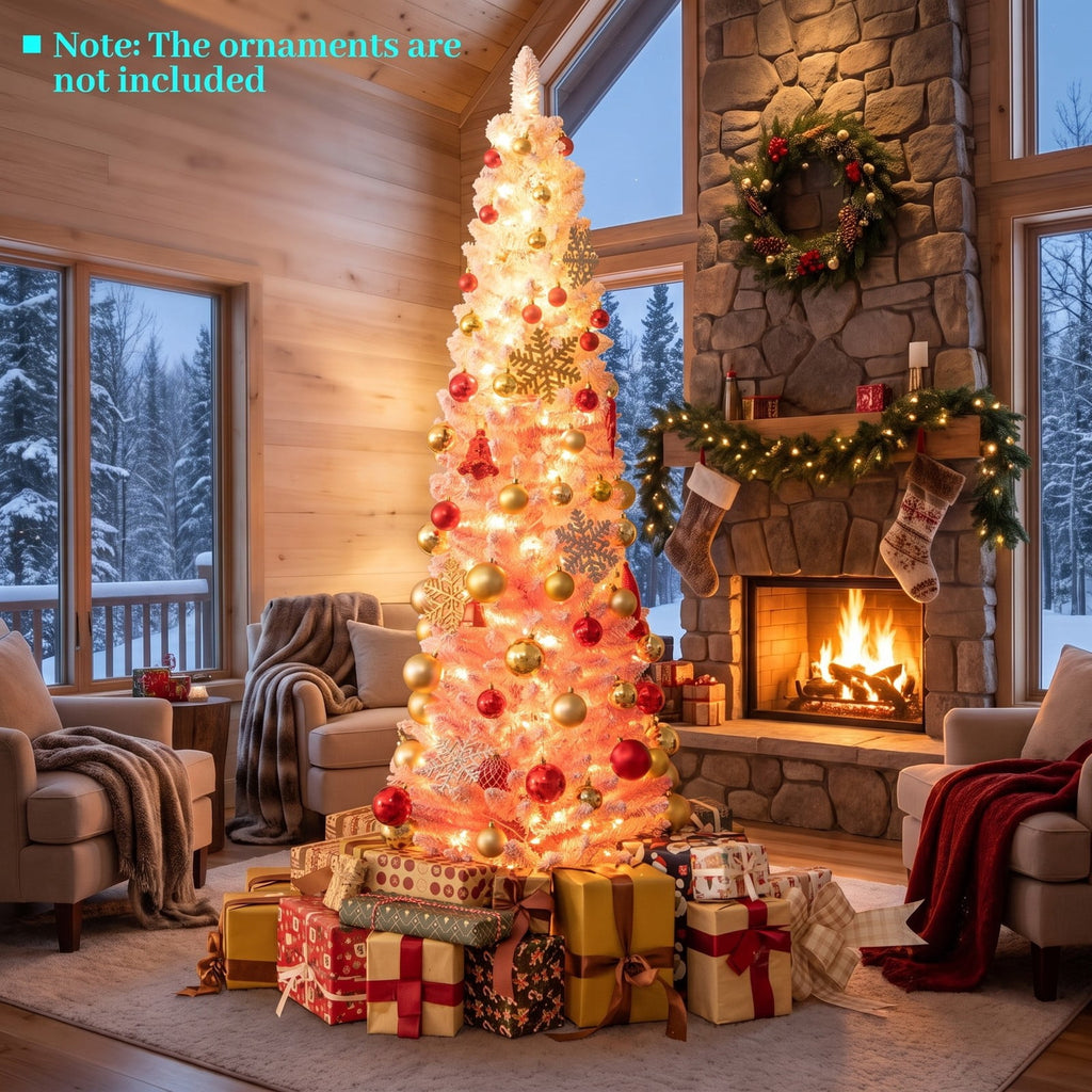 Airfind 6 FTSnow-flocked Artificial Pink Christmas Tree Pre, PVC Metal Tree Height 6 ft / 7 ft Tree Width 1.6 ft / 2 ft Frame, Pink