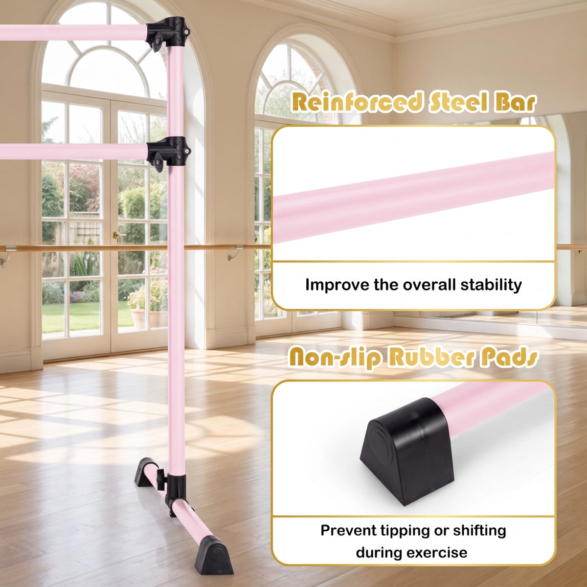 Airfind 4 Feet Double Ballet Barre with Adjustable Height and Anti Skid Pads for Home Dance Studio Stretching and Practice, Pink