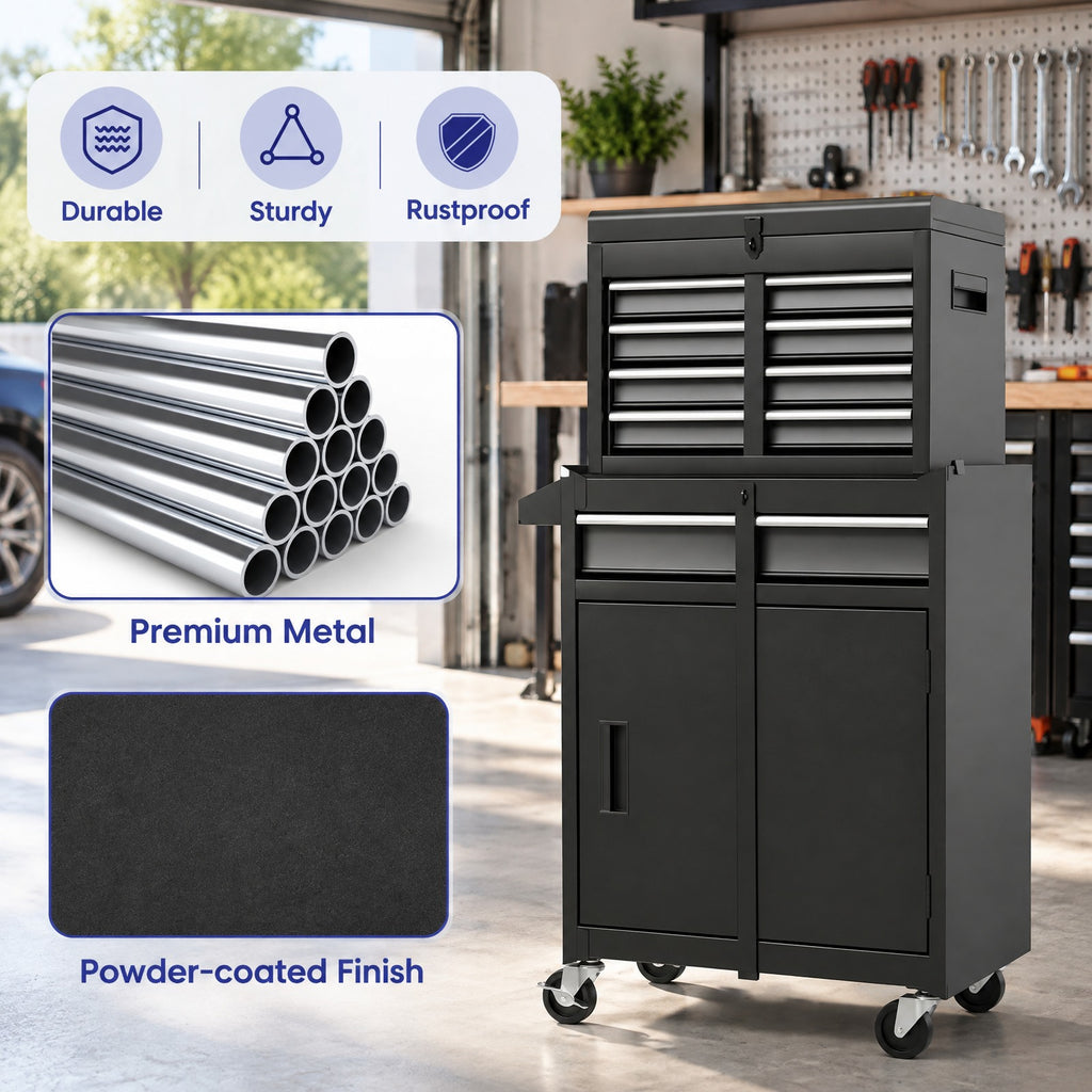 Airfind 2-in-1 Tool Chest and Cabinet with 5 Sliding Drawers, 220.5 lbs Capacity, Steel rubber-plastic synthetic Frame, Black