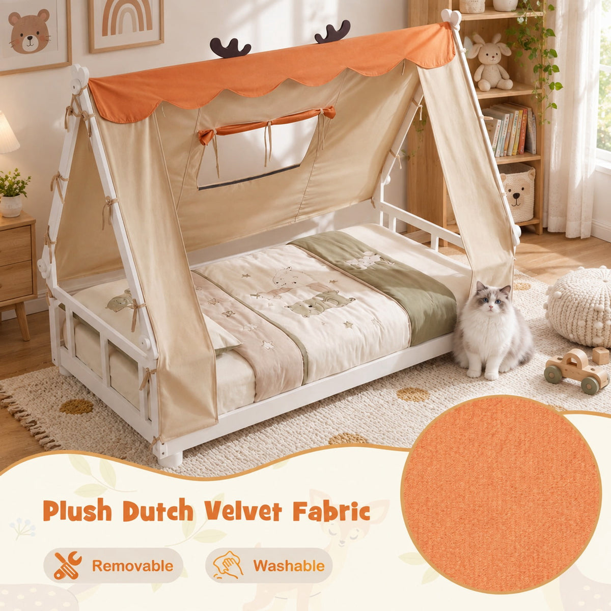 Airfind Twin Size House Floor Wood Bed with Tent, 350 lbs Capacity, Pine Wood Plywood Dutch Velvet Fabric Frame, 81 Inch x 41 Inch x 63 Inch Footprint, White