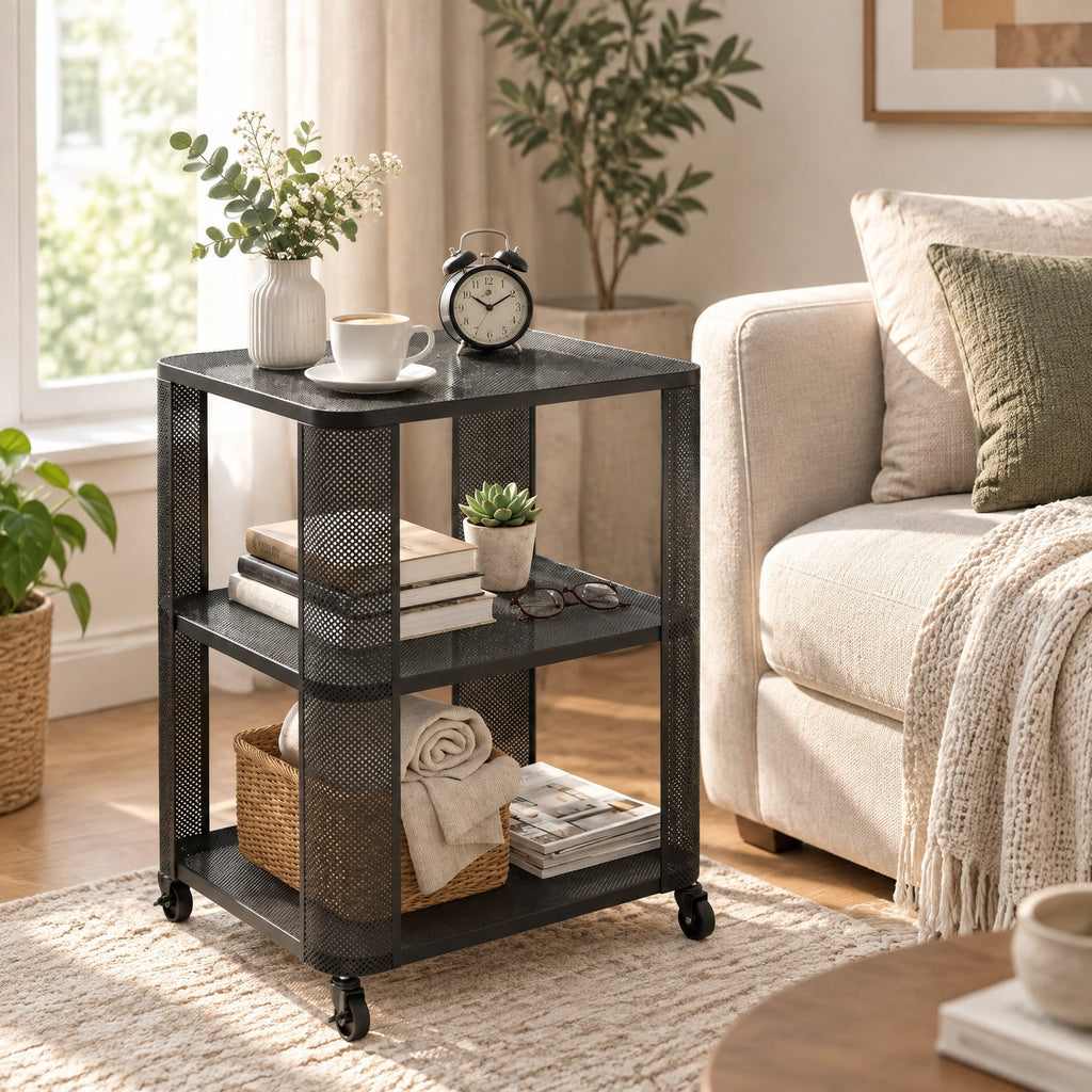 Airfind 3-Tier End Table with Wheels Rolling Side Table with Open Storage Shelves-Set of 2, 112 lbs Capacity, Metal Frame, 16 x 16 x 22 Footprint