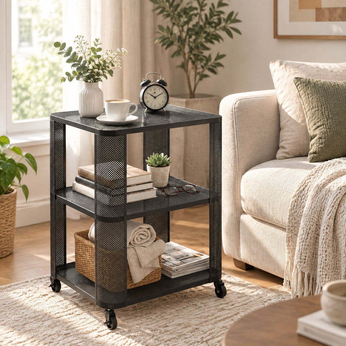 Airfind 3-Tier End Table with Wheels Rolling Side Table with Open Storage Shelves-Set of 2, 112 lbs Capacity, Metal Frame, 16 x 16 x 22 Footprint