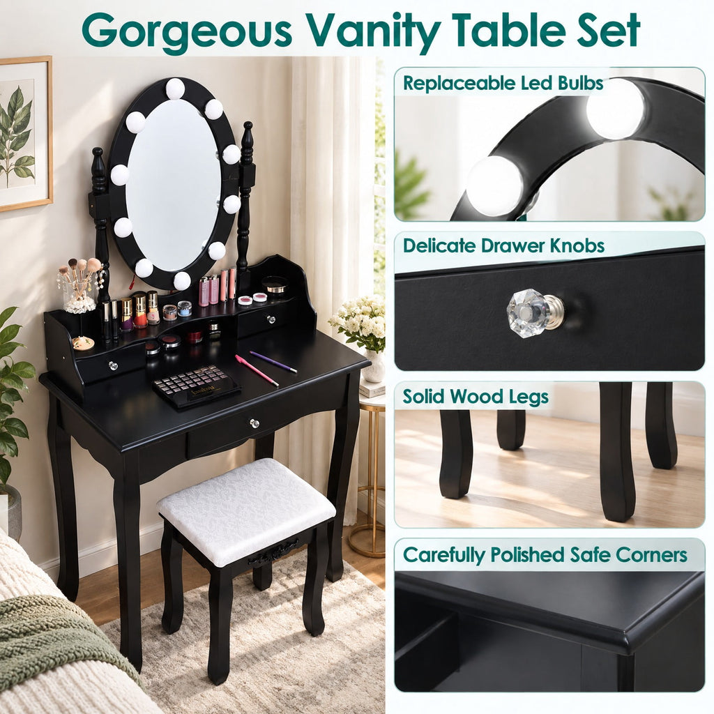 Airfind Oval Mirror Vanity Set with 10 LED Dimmable Bulbs and 3 Drawers, 287 lbs Capacity, MDF Pine Frame, Black