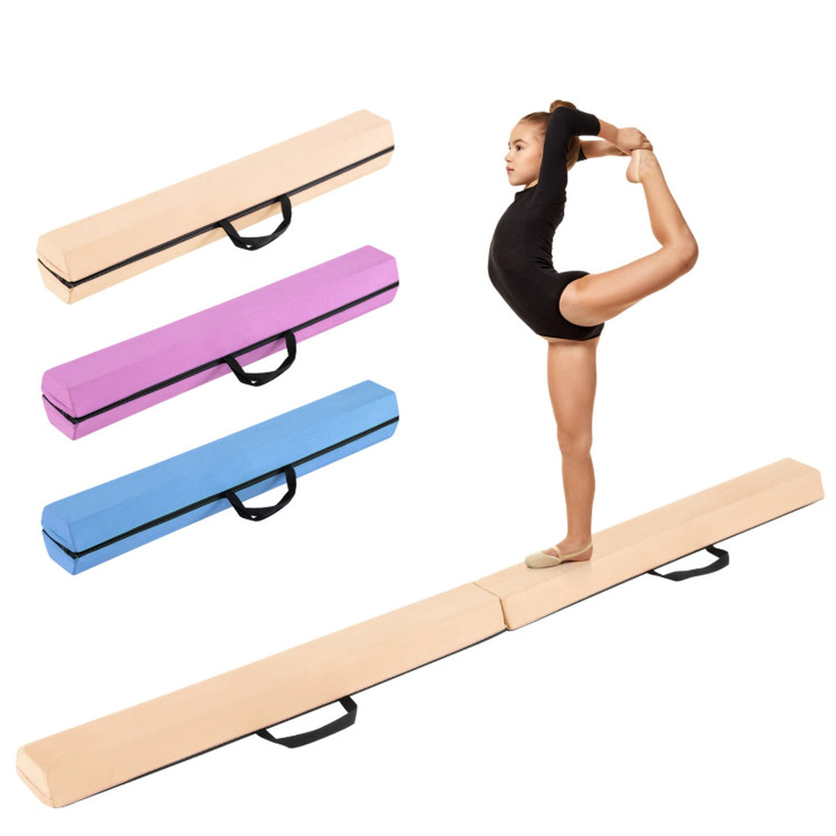 Airfind 7 ft Folding Wide-Top Balance Beam with EVA Foam, Zippered Suede Cover and Hook-Loop Linking, Khaki