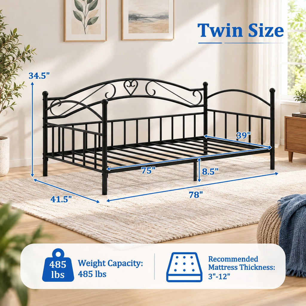 Airfind Twin Size Metal Daybed Frame with Headboard for Bedroom, 485 lbs Capacity, Metal Frame, 78 x 41.5 x 34.5 Footprint, Black