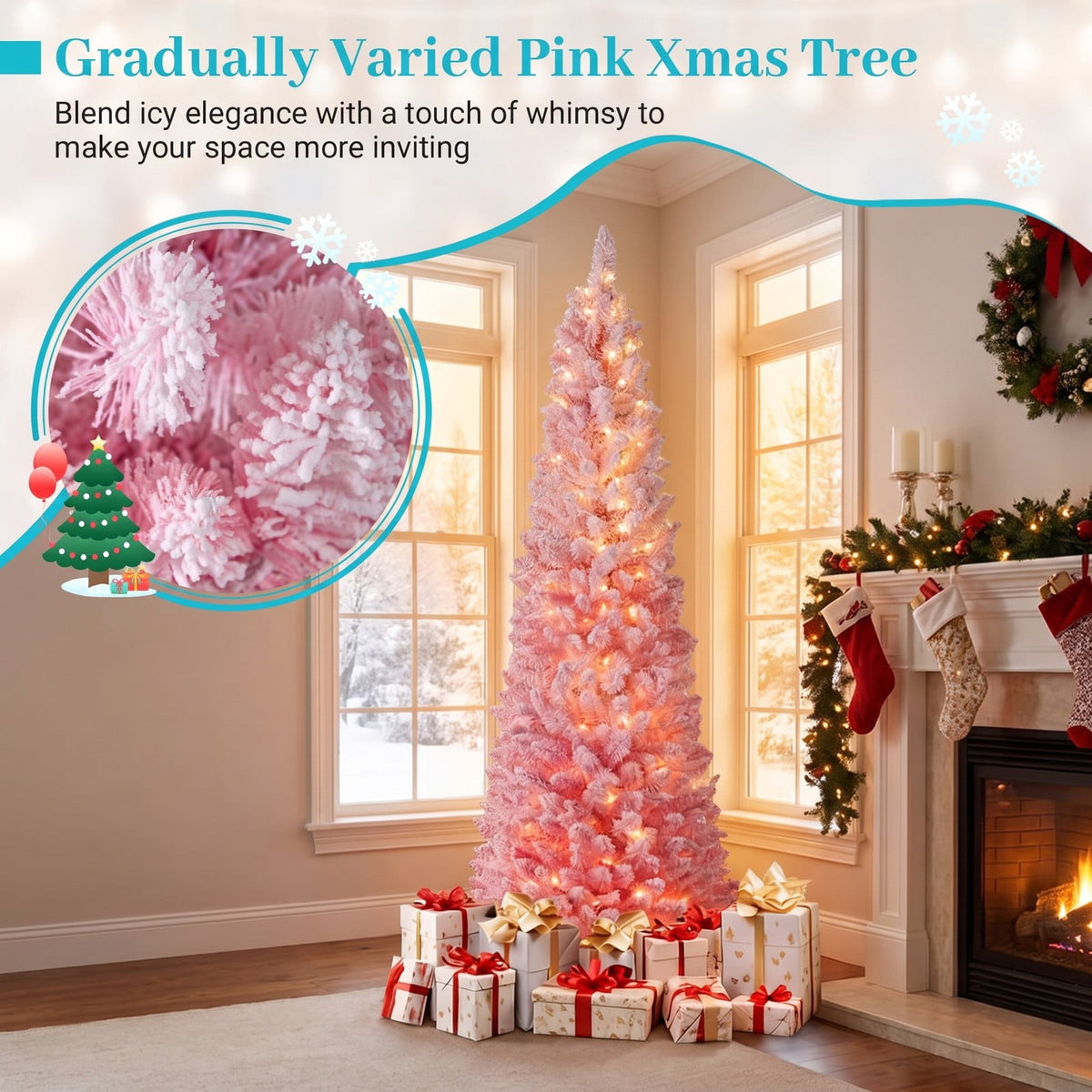 Airfind 7 FTSnow-flocked Artificial Pink Christmas Tree Pre, PVC Metal Tree Height 6 ft / 7 ft Tree Width 1.6 ft / 2 ft Frame, Pink