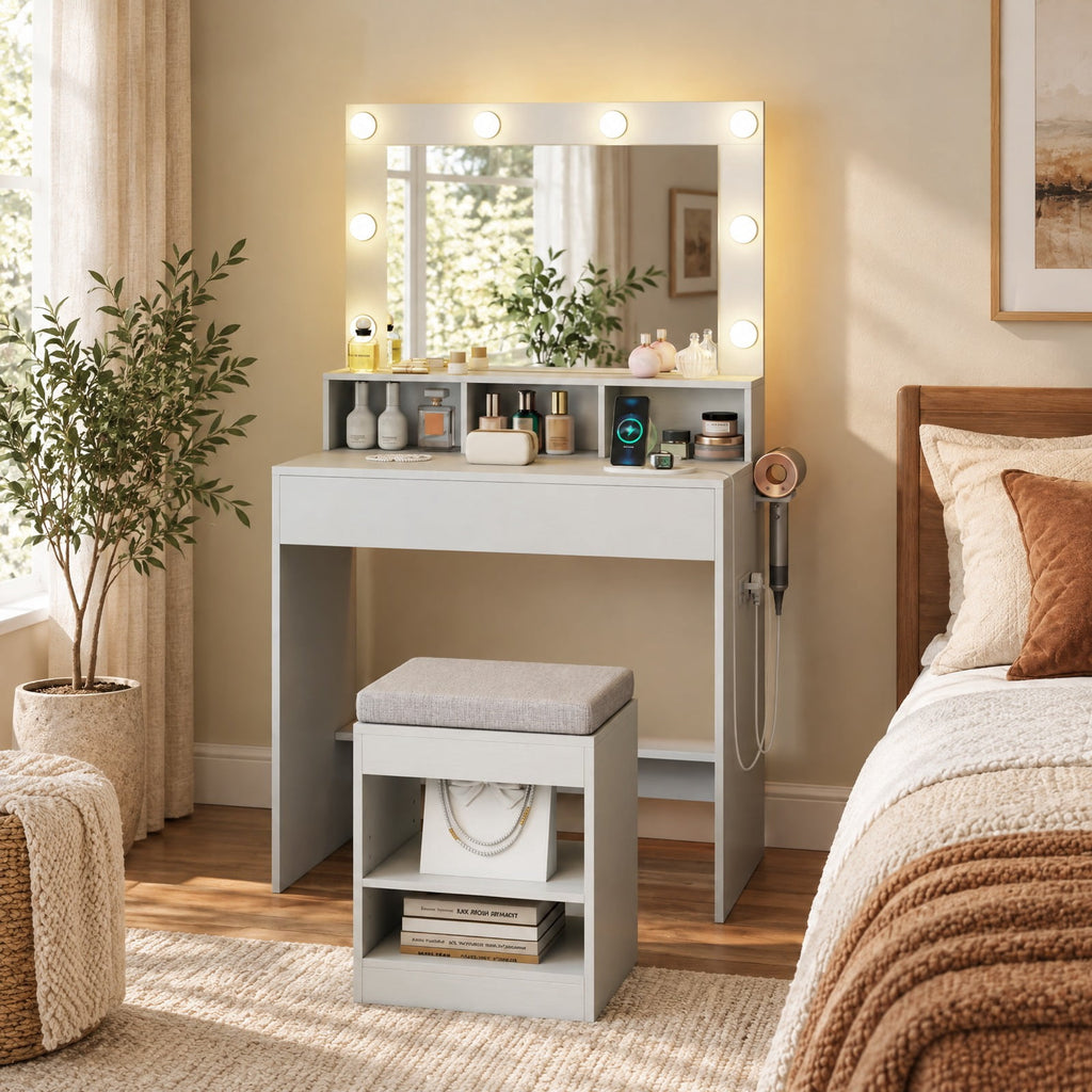 Airfind 31.5 Inches Vanity Desk with 3 Lighting Modes and Storage Shelves, 88 lbs Capacity, Engineered Wood Frame, 31.5 Inch x 16 Inch x 55 Inch Footprint