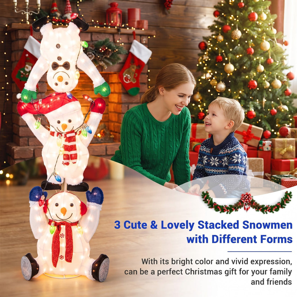 Airfind 5.6 Feet Lighted Stacked Snowmen Christmas Decoration, Plush Fabric Metal Frame, White, Overall Dimensions 1.9 x 1.3 x 5.6 ft (L