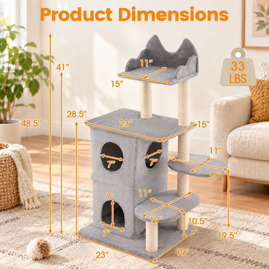 Airfind 48.5 inch Cat Tree with 2-story Condo and 3 Hideaway Caves for Large Cats, Engineered Wood Sisal MDF Plush Fabric Frame, Gray