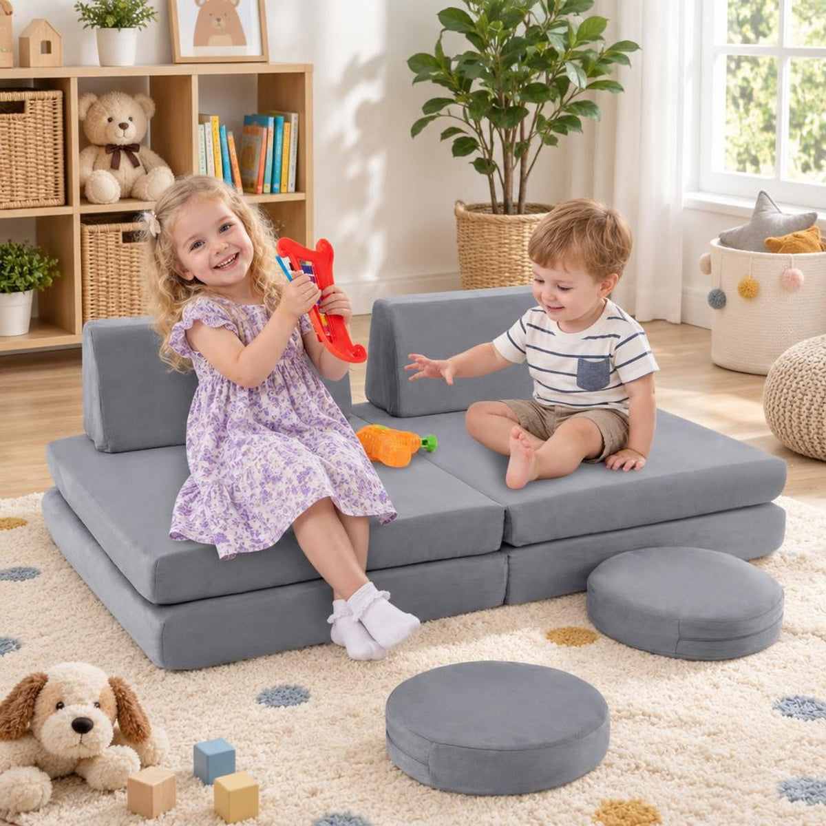 Airfind 6 Pieces Modular Kids Play Couch Set with Washable Covers for Living Room Playroom, 50.5 x 28.5 x 9Circular Block Footprint