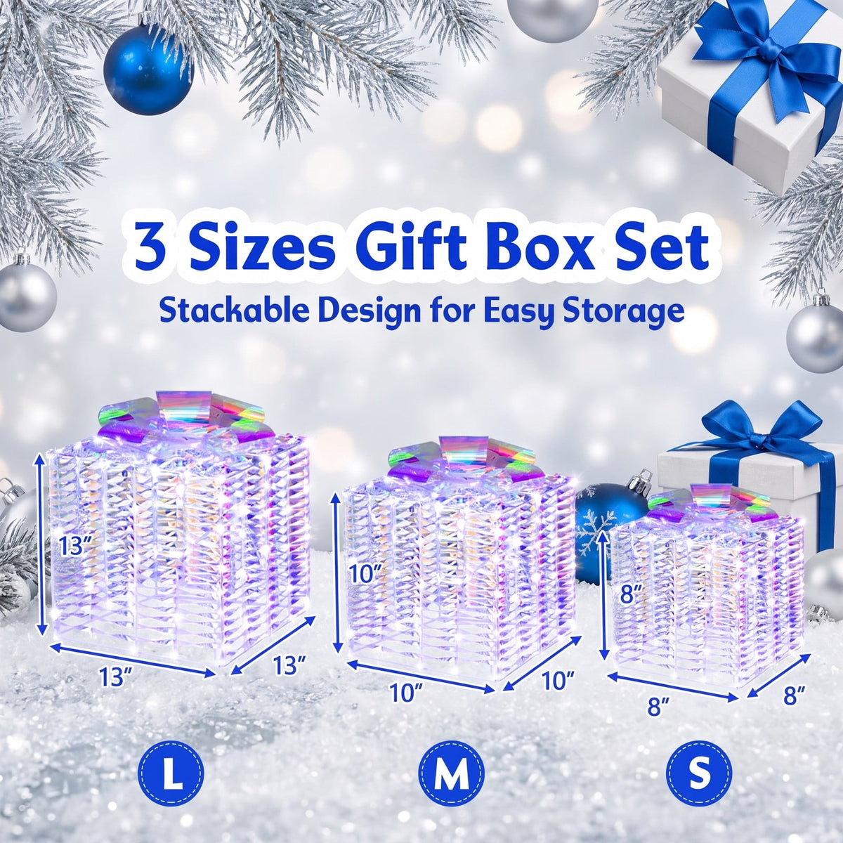 Airfind Iridescent Christmas Gift Box, Set of 3 Christmas Gift Box with Bows, PVC Metal Large, 13 Inch x 13 Inch x 13 Inch (L x W x H) Medium, Iridescent