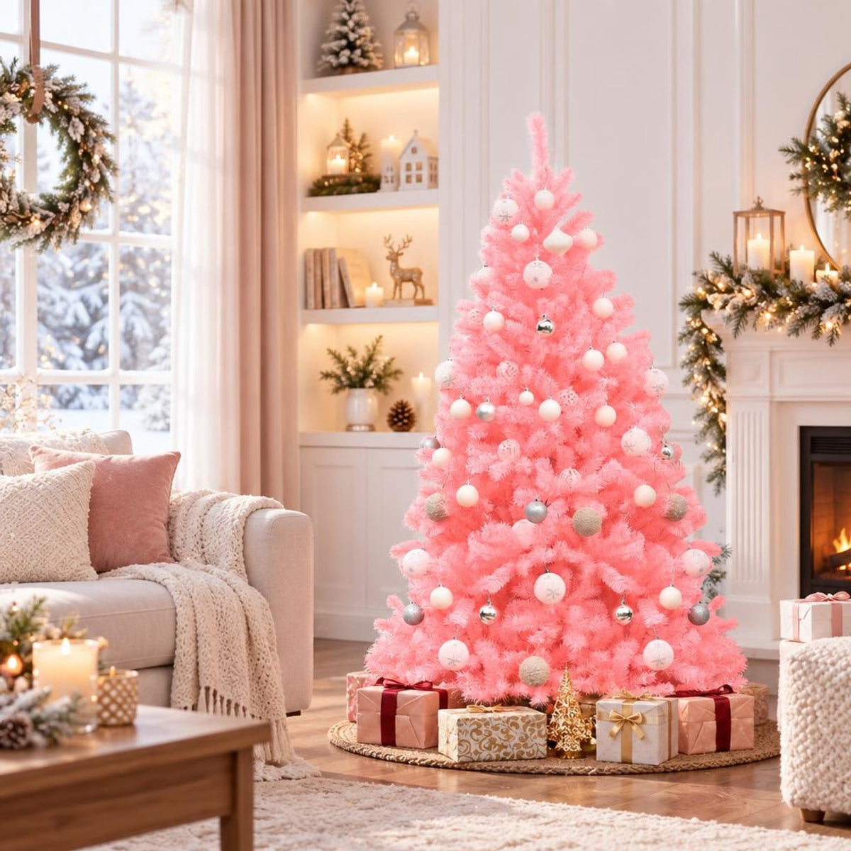 Airfind 6 Feet Pink Artificial Hinged Spruce Full Christmas Tree with Foldable Metal Stand, New PVC Frame, Pink