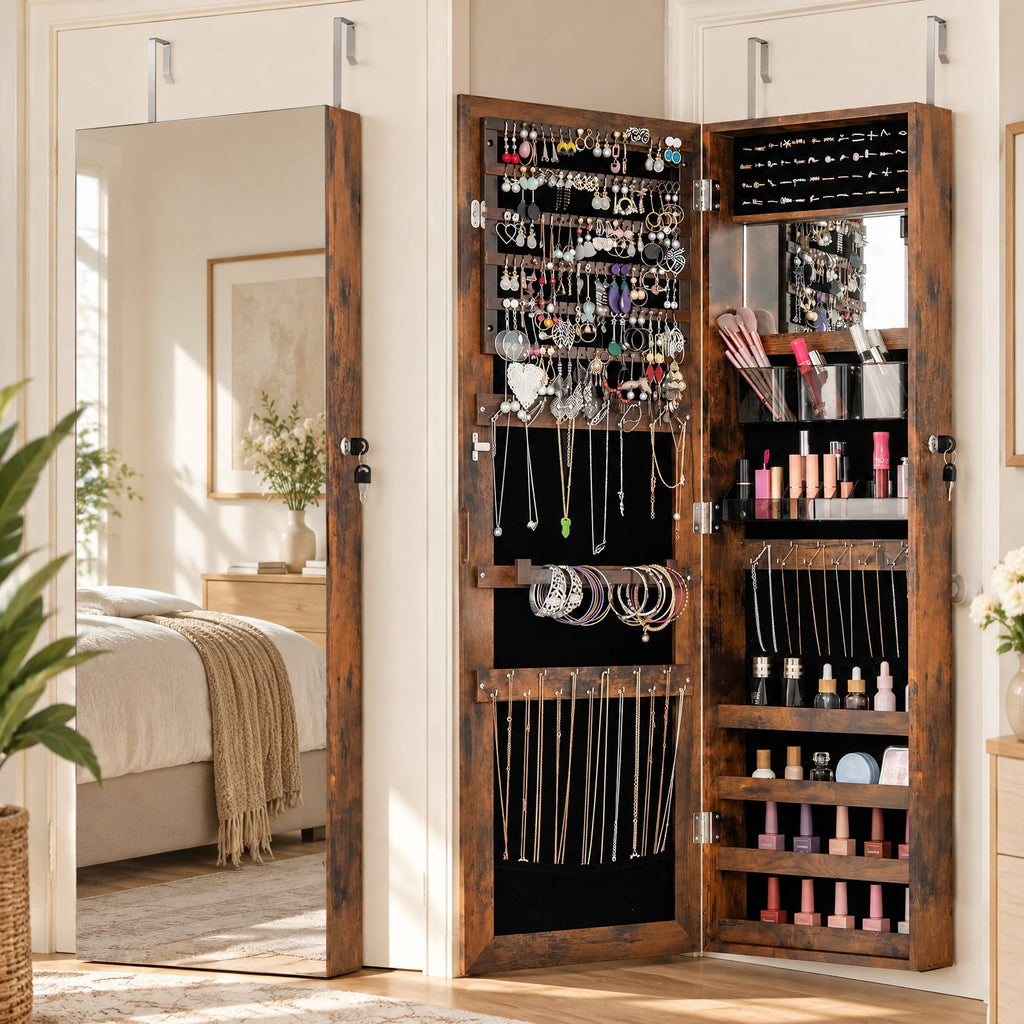 Airfind 43.5 Inch Jewelry Mirror Cabinet with Full-length Mirror and Adjustable Hangers, MDF Frame, Brown