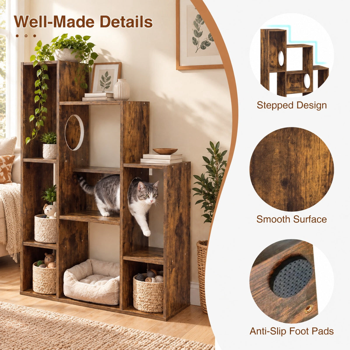 Airfind Modern Cat Bookshelf Cat Tree 8-Section Storage Cabinet with 2 Round Holes, 22 lbs Capacity, Engineered Wood Frame, Brown