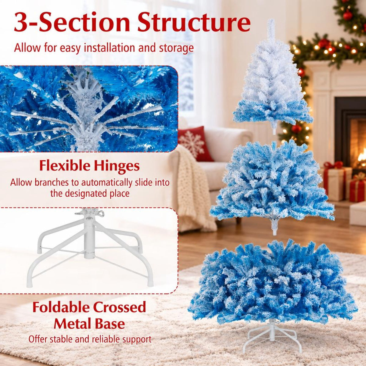 Airfind 2025 New Artificial Christmas Tree with 456 Branch Tips and Folding Metal Stand-6FT, Blue, Diameter of Stand 16 Inch 18 Inch 20 Inch 22 Inch