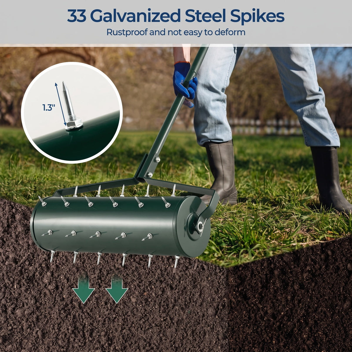 Airfind 18/21 Inch Manual Lawn Aerator with Detachable Handle Filled with Sand or Stone-21 inches, Galvanized Steel Metal PP Frame, Green