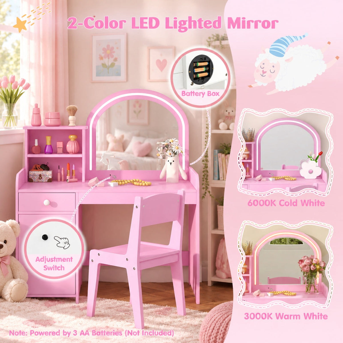 Airfind Kids Vanity Table and Chair Set with Shelves Drawer and Cabinet, P2 MDF Acrylic Frame, for Over 3 Years Old, 31.5 Inch x 16 Inch x 37 Inch Footprint