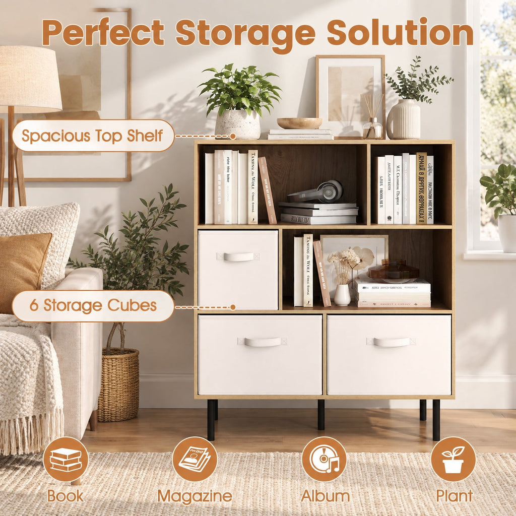 Airfind 6-Cube Bookshelf with 3 Removable Folding Fabric Drawers for Living Room, 330 lbs Capacity, Metal Engineered Wood Frame, Natural