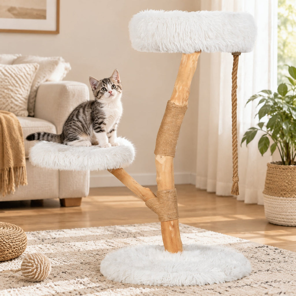 Airfind Modern Wooden Cat Tree Tower with Perch and Natural Jute Scratching Posts, 66 Lbs Capacity, Pear Wood Jute Long Plush Fabric, White