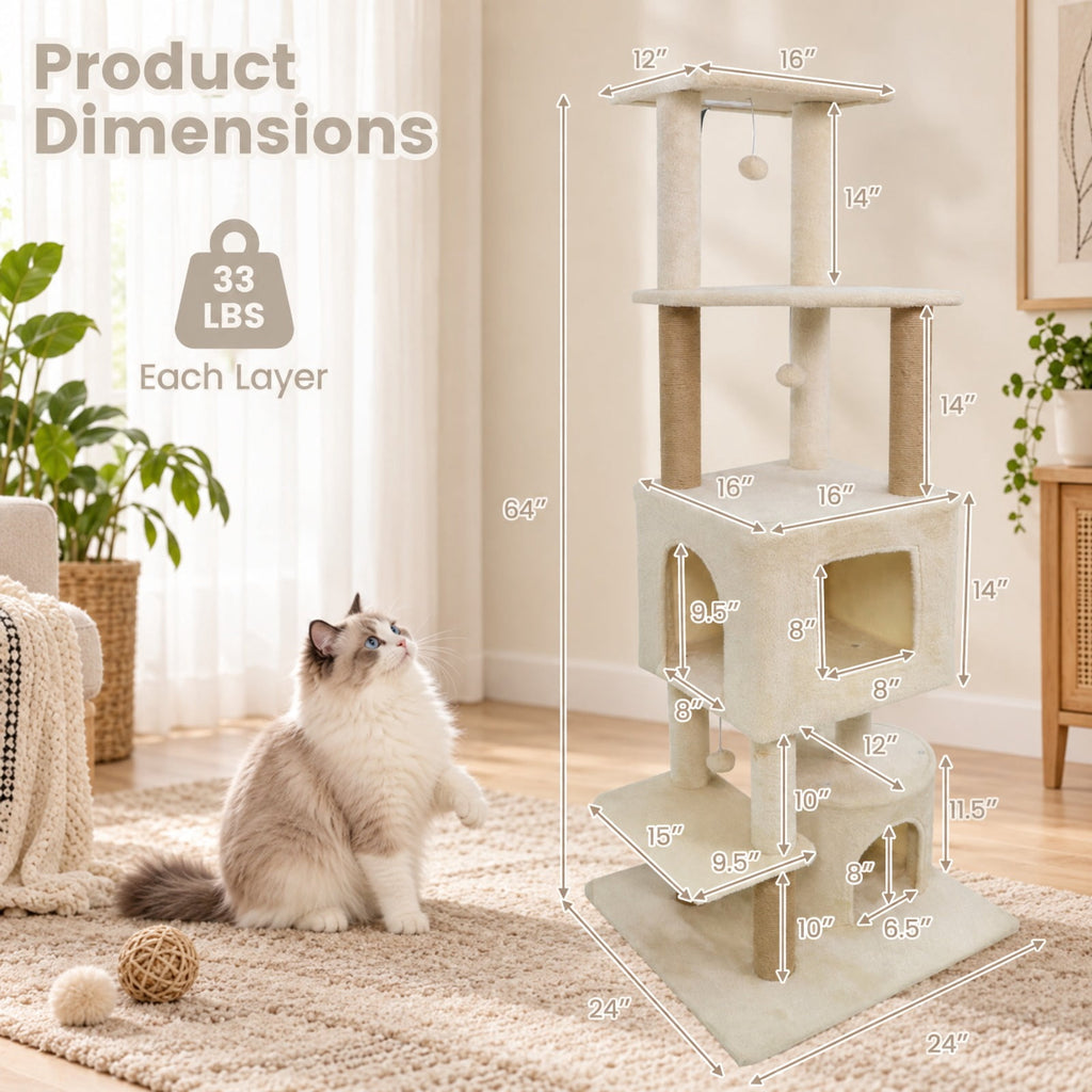 Airfind 64 Inch Tall Cat Tree with 2 Large Condos and Jute Scratching Posts for Indoor Adult Cats, 33 lbs Capacity, Beige