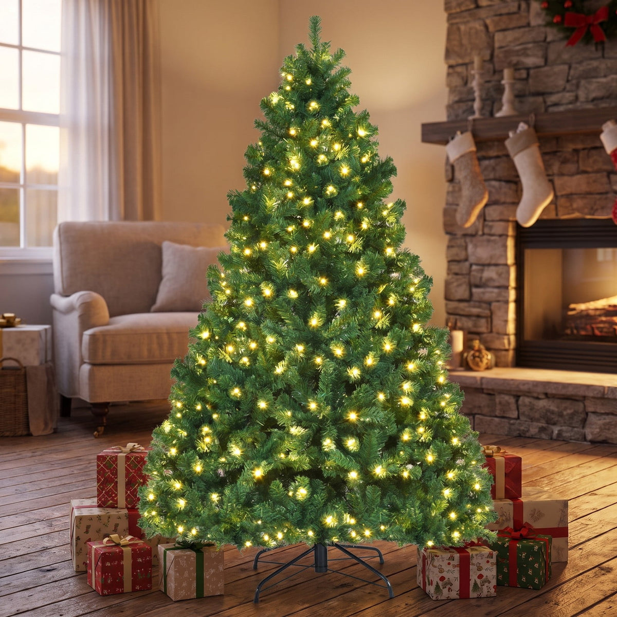 Airfind 7 Feet PVC Artificial Christmas Tree with LED Lights-7 ft, PVC iron Frame, 4.3 x 7.5 H Footprint, Green
