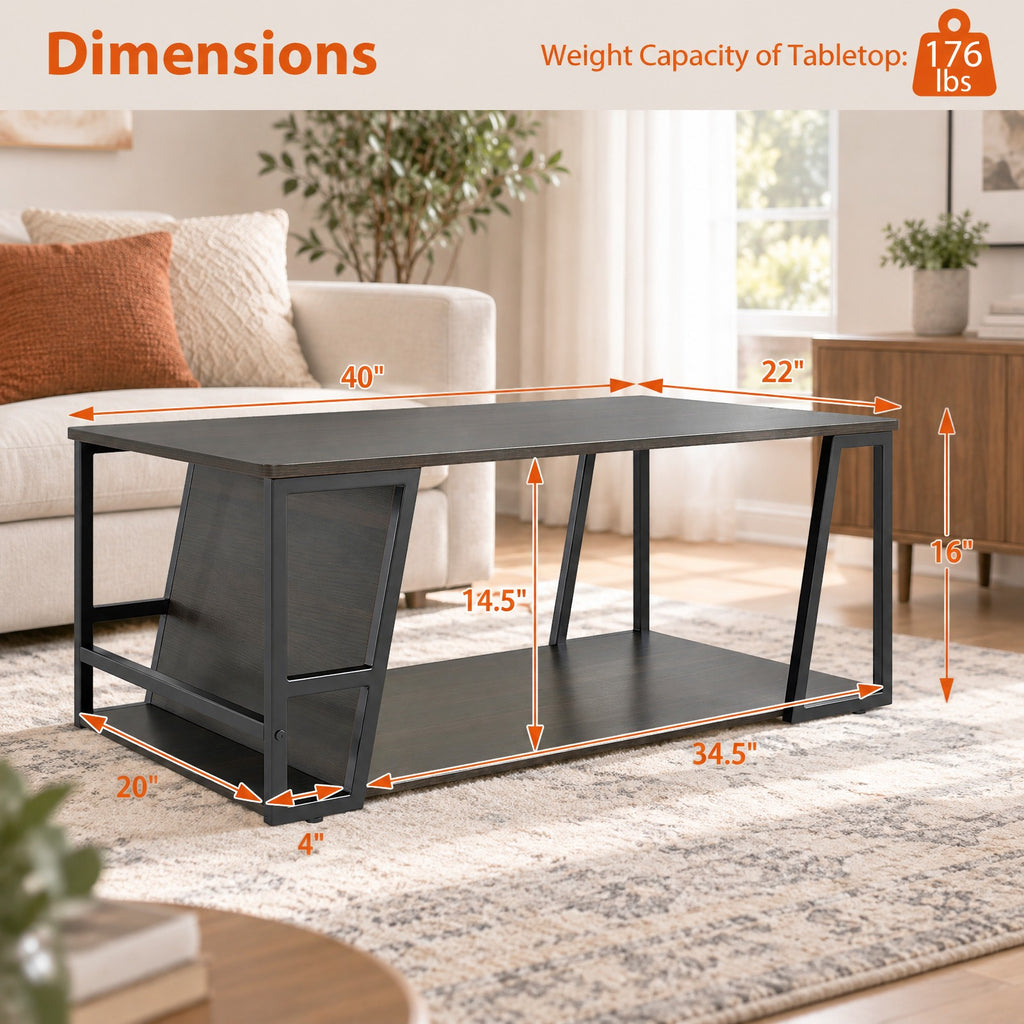 Airfind Rectangle Coffee Table 2-tier Industrial Accent Table with Storage Shelf and Compartment, 176 lbs Capacity, Engineered Wood Metal Frame