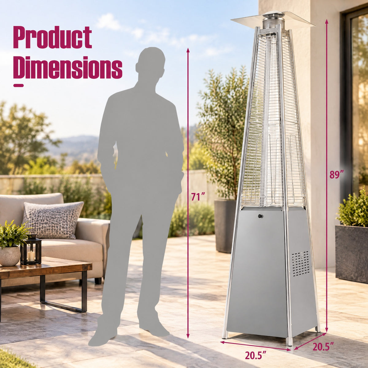 Airfind 45000 BTU Pyramid Patio Heater with Zippered Cover Triple Safety Protection and wheels, Gray