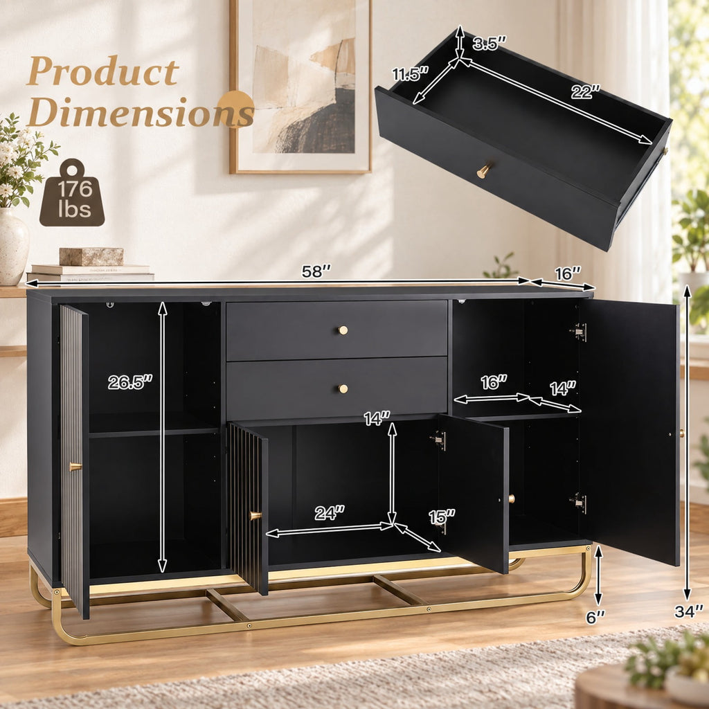 Airfind Modern Buffet Sideboard Cabinet w/ 2 Drawers Adjustable Shelves for Dining Room, 176 lbs Capacity, Engineered Wood Metal Frame, Black