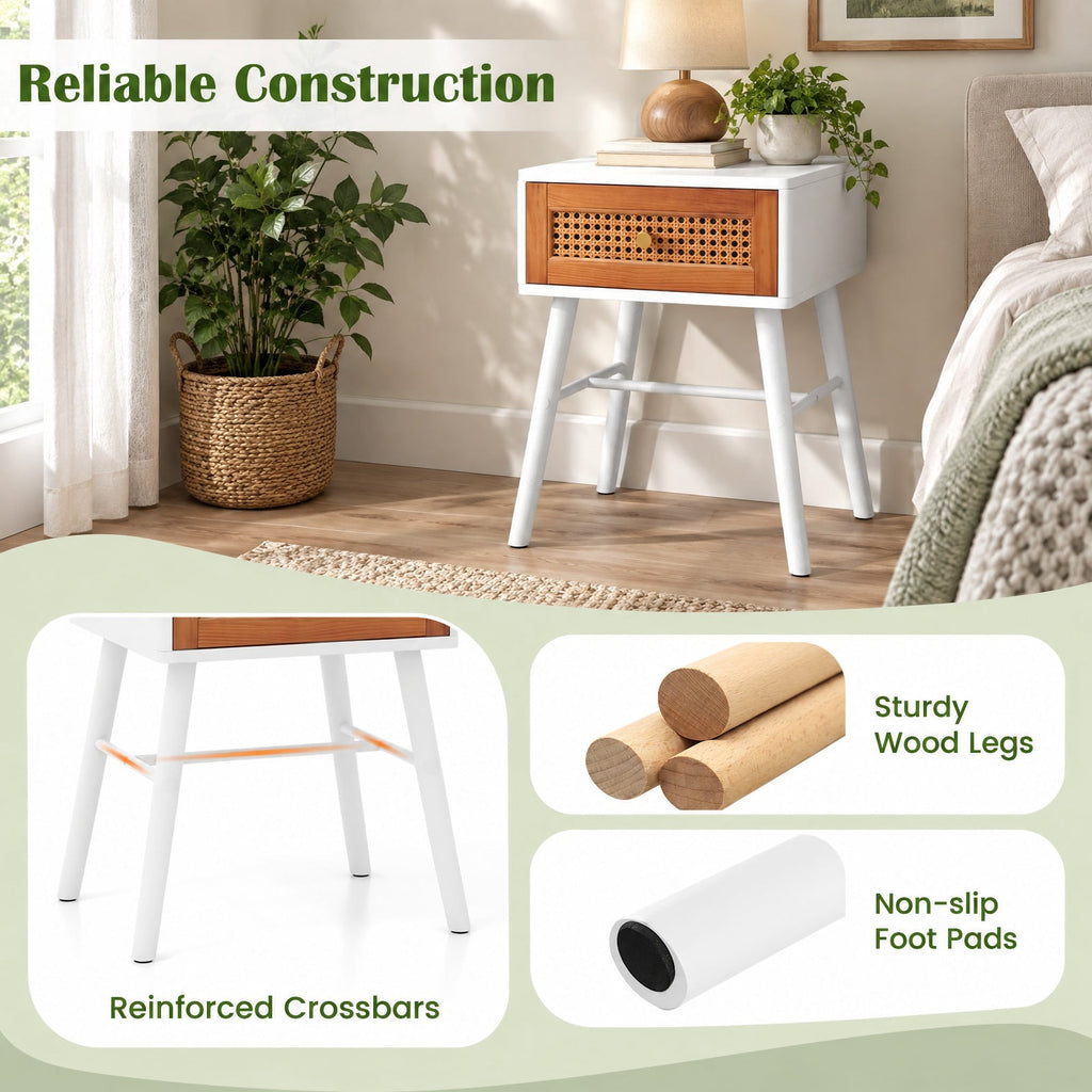 Airfind Rattan Nightstand Mid Century Modern Accent Table with Drawer, 110 lbs Capacity, Painted MDF Pine Wood Natural Rattan Frame, White