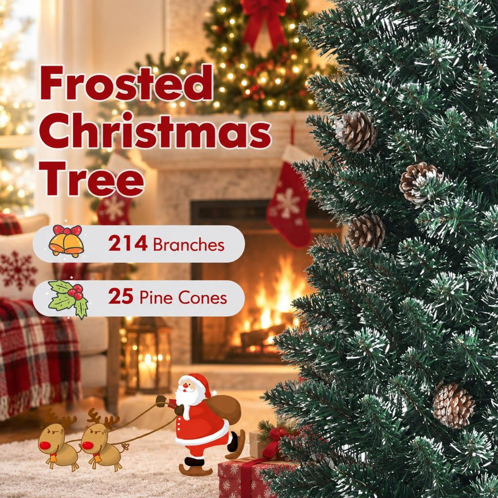 Airfind 5 Ft Slim Snow-Flocked Pencil Christmas Tree featuring 214 Branch Tips, 25 Pine Cones and Foldable Metal Stand, Green