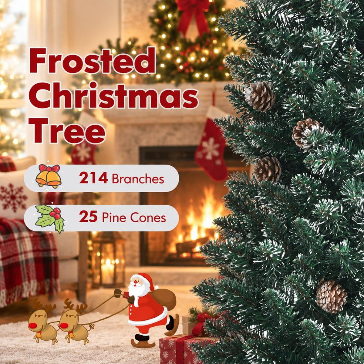 Airfind 5 Ft Slim Snow-Flocked Pencil Christmas Tree featuring 214 Branch Tips, 25 Pine Cones and Foldable Metal Stand, Green