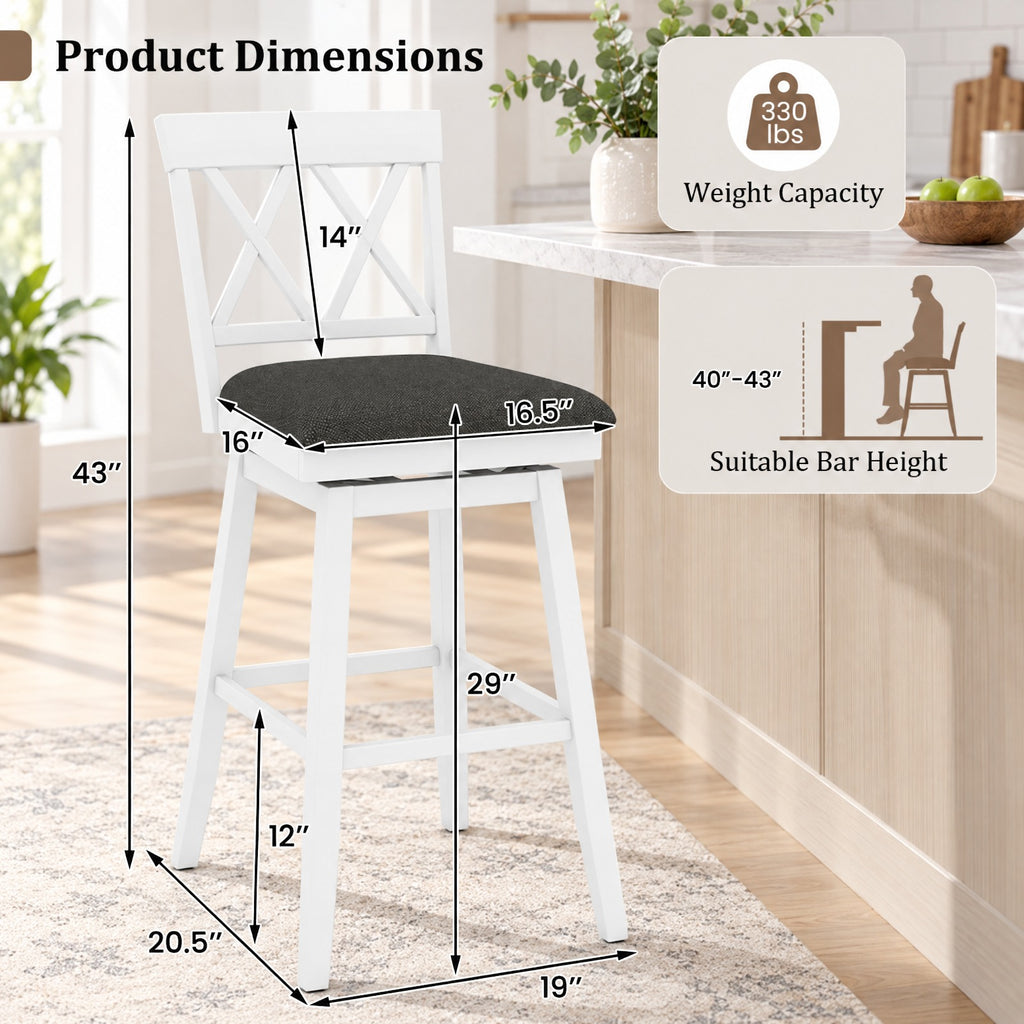 Airfind 29 Inch Counter Height Barstool with Backrest and Upholstered Seat Cushion for Kitchen Dining Room-29 Inch, 330 lbs Capacity, White