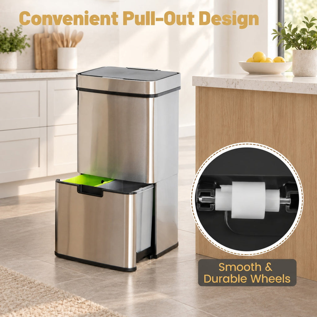 Airfind 19 Gal Stainless Steel Trash Can with Kitchen Waste Bin and 2 Bottom Recycling Bins, Stainless Steel ABS Frame, Silver