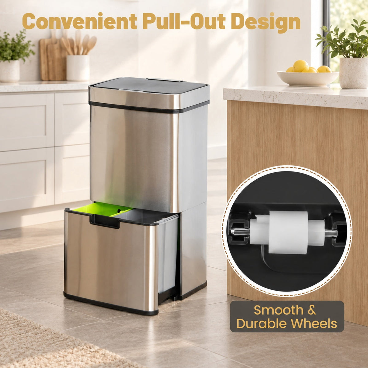 Airfind 19 Gal Stainless Steel Trash Can with Kitchen Waste Bin and 2 Bottom Recycling Bins, Stainless Steel ABS Frame, Silver