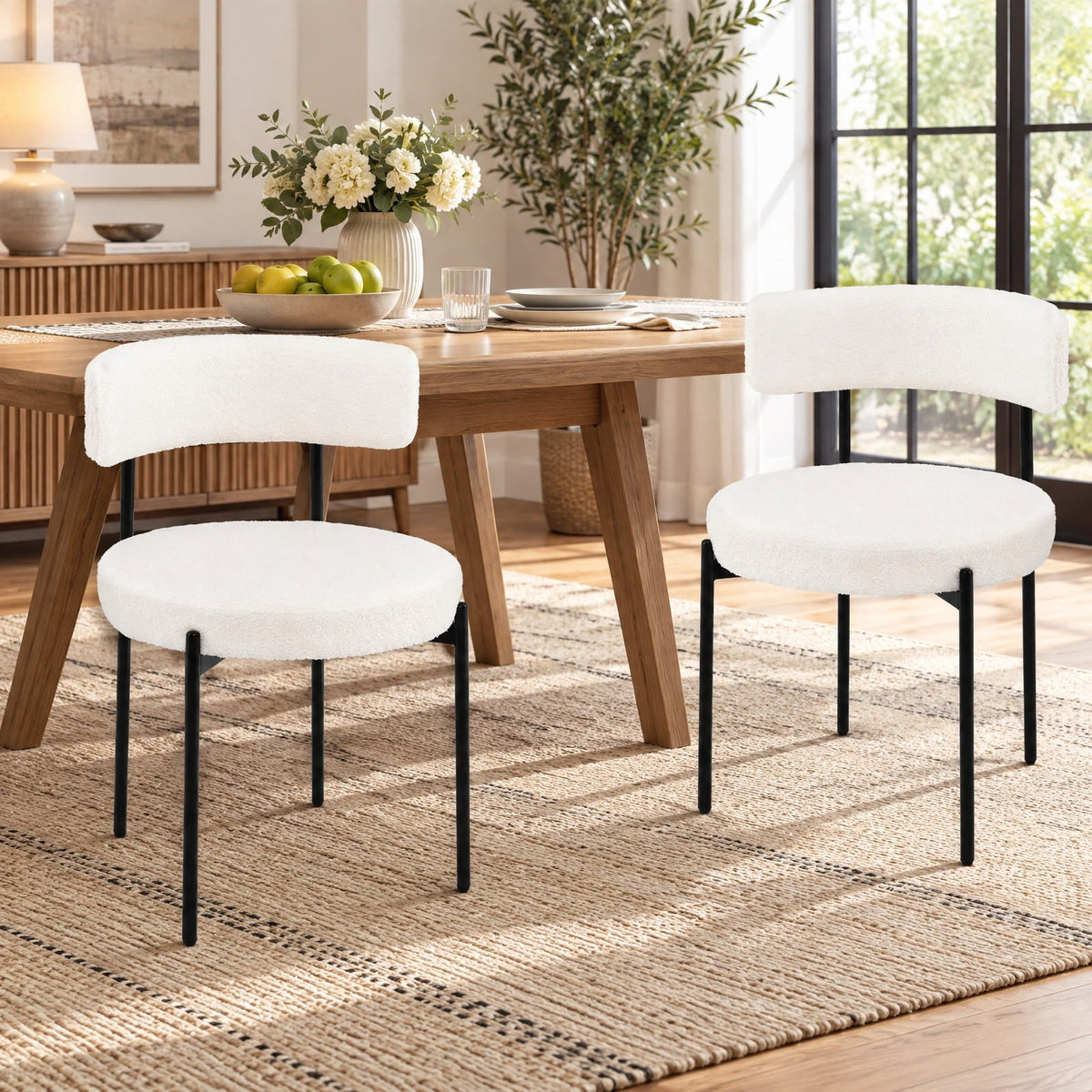 Airfind Boucle Dining Chair with Curved Backrest and Metal Legs Set of 2, Faux Sherpa Metal Sponge Frame, 20.5 x 20.5 x 31 Footprint, White