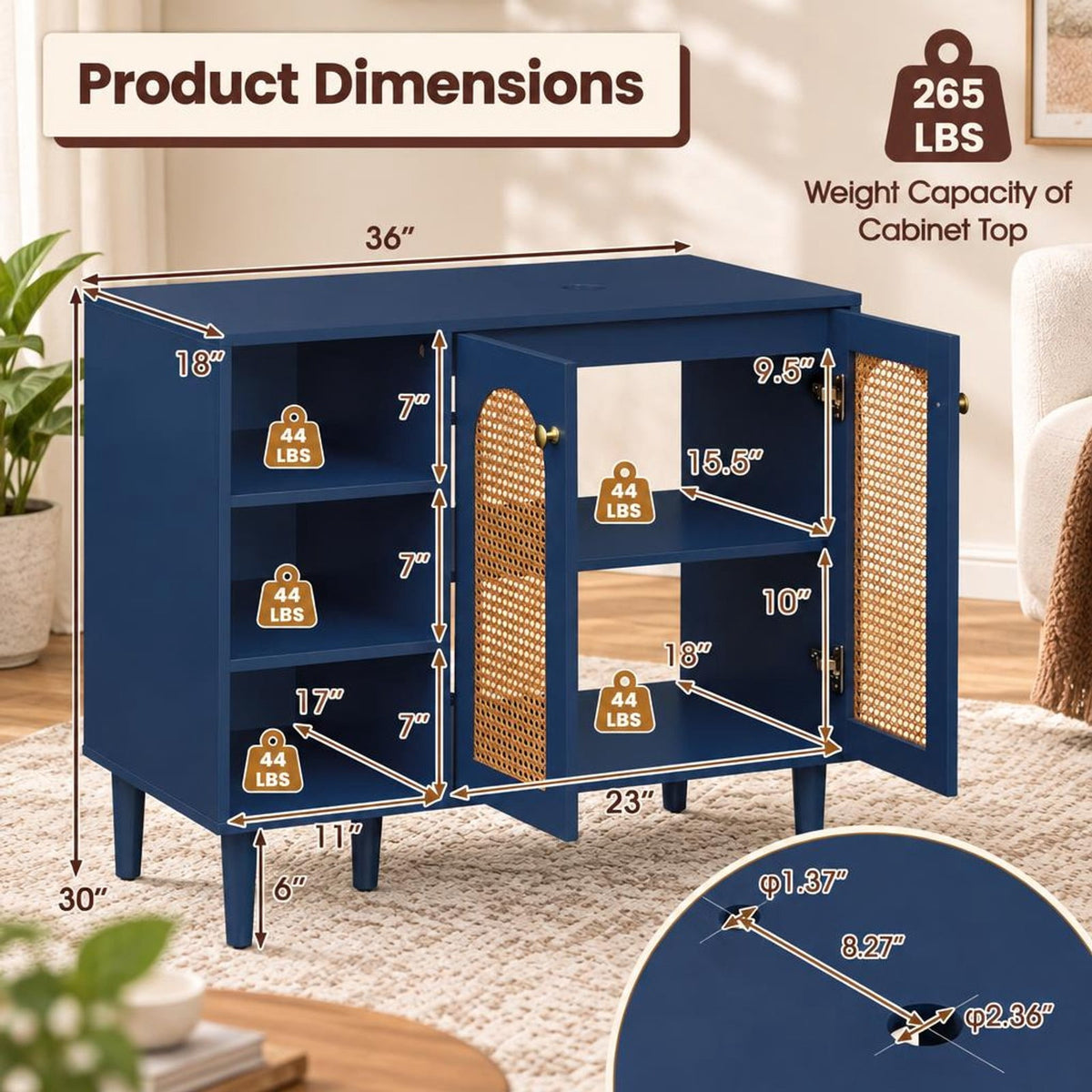 Airfind 36 Inch Under Sink Cabinet Boho for Vessel Sinks and Single-Handle Faucets, 265 lbs Capacity, MDF Rubber Wood PE Rattan Metal Frame, Navy