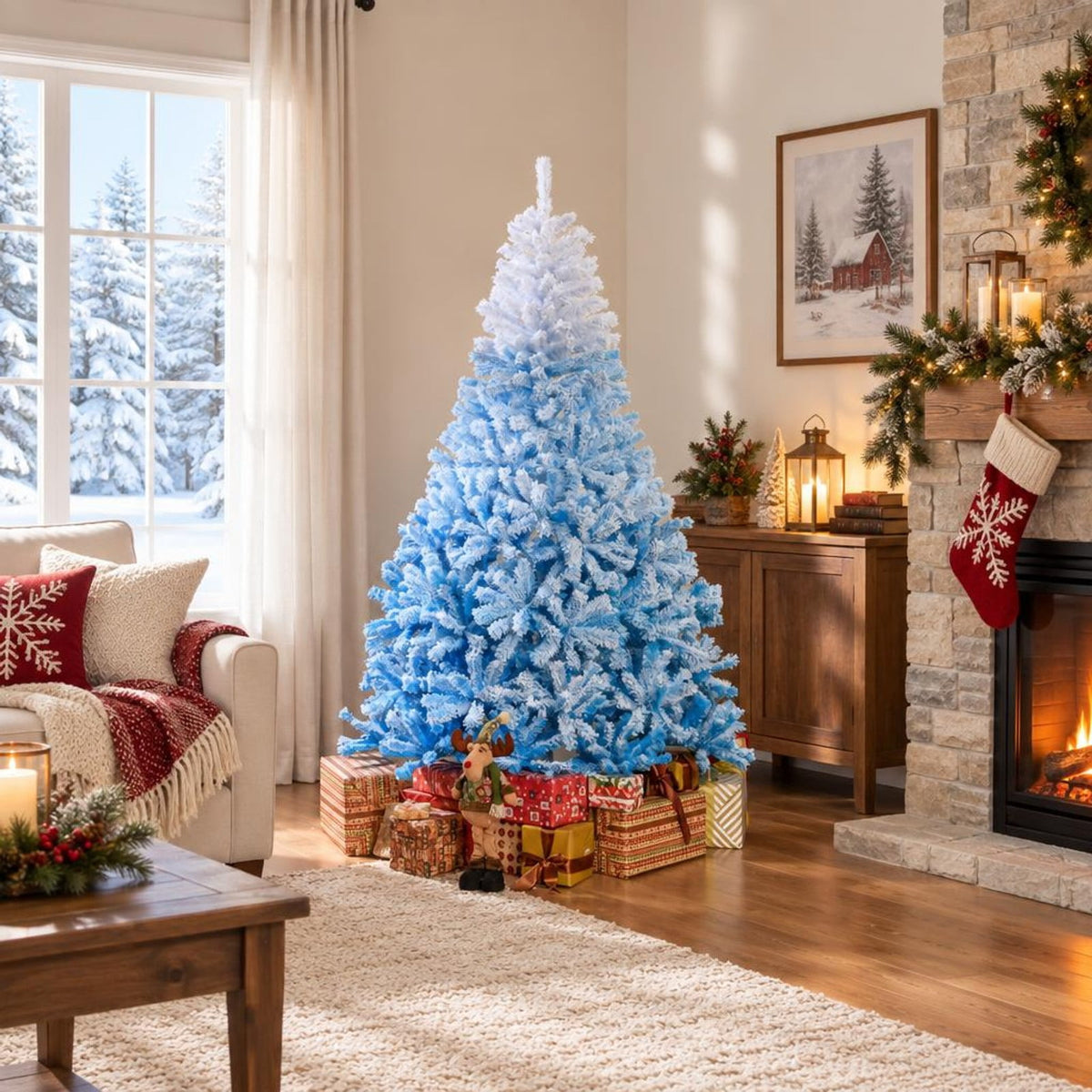 Airfind 2025 New Artificial Christmas Tree with 456 Branch Tips and Folding Metal Stand-7FT, Blue, Diameter of Stand 16 Inch 18 Inch 20 Inch 22 Inch