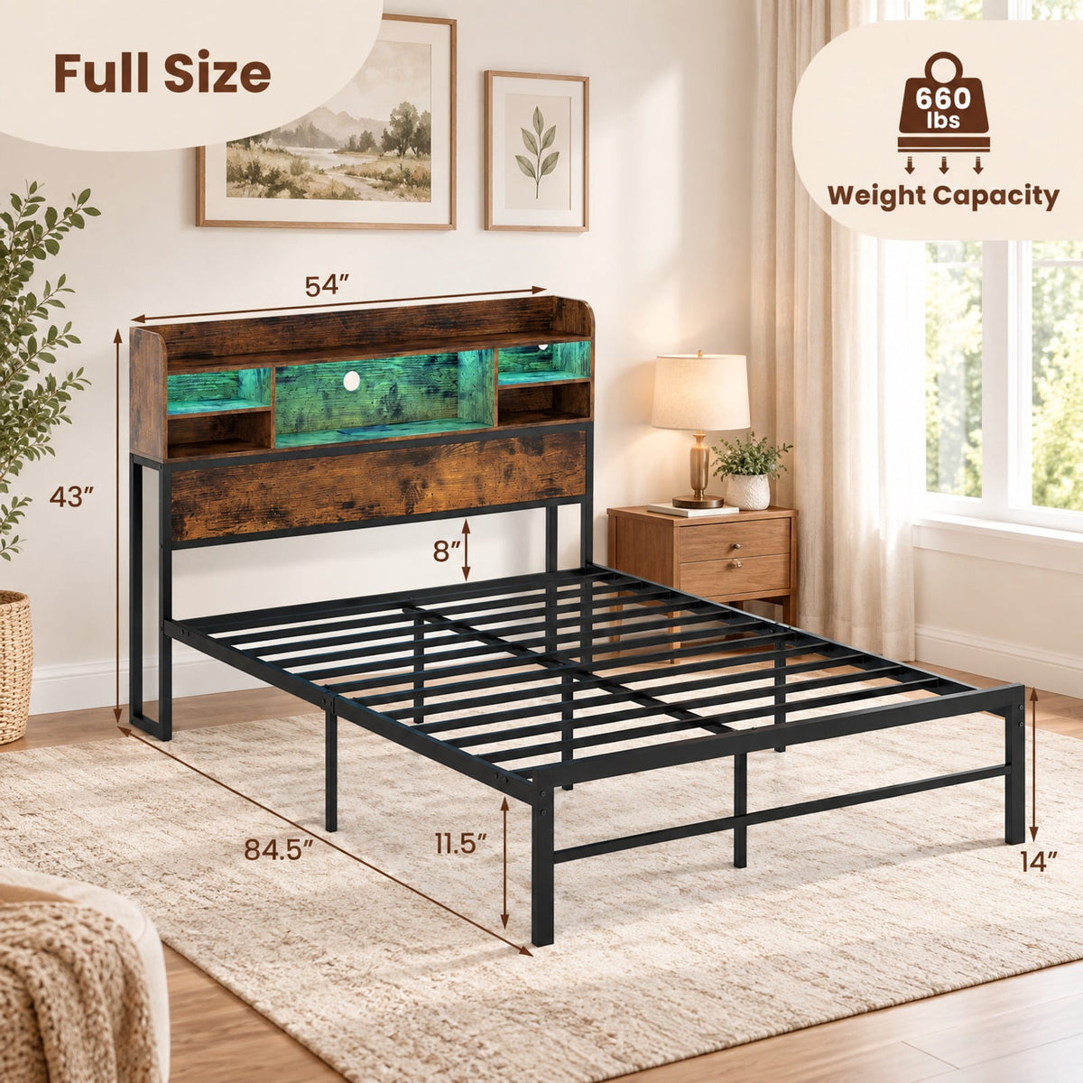 Airfind Full Size Bed Frame with Headboard LED Lights and Charging Station, 660 lbs Capacity, Metal Engineered Wood MDF Frame, Brown