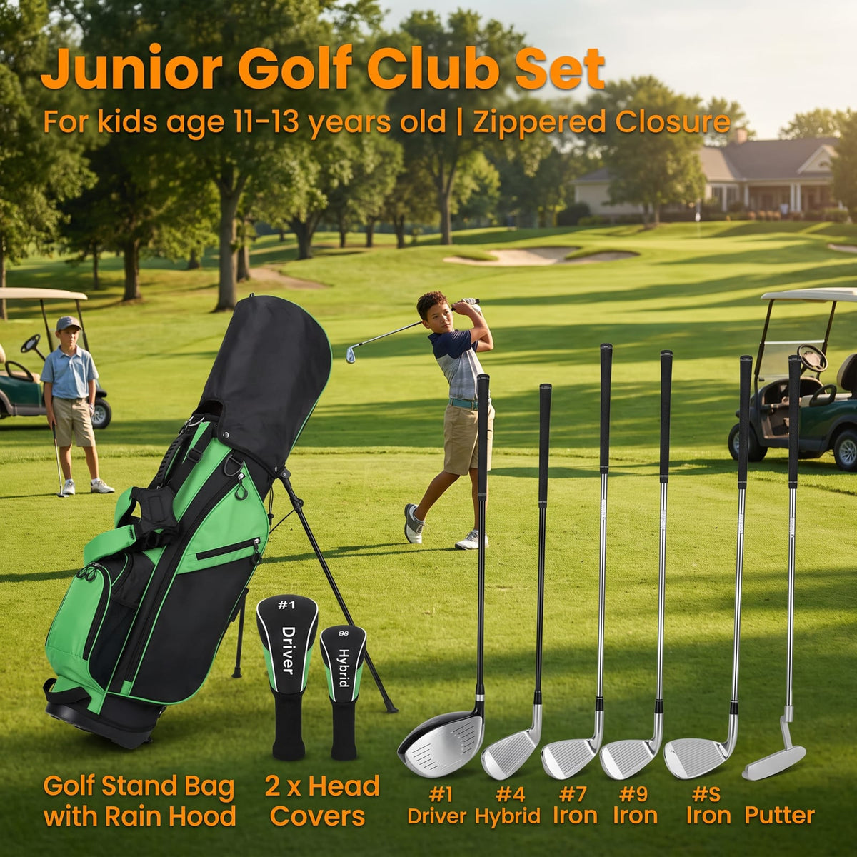 Airfind Junior Complete Golf Club Set with Stand Bag and Rain Hood and Padded Dual Shoulder Straps for Kids Ages 11 to 13, Green