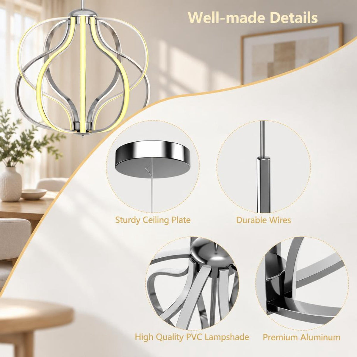 Airfind Modern Dimmable Warm LED Chandelier, Steel Aluminum PVC Frame, 20 Inch x 25 Inch - 73 Inch Footprint for Everyday Use, White